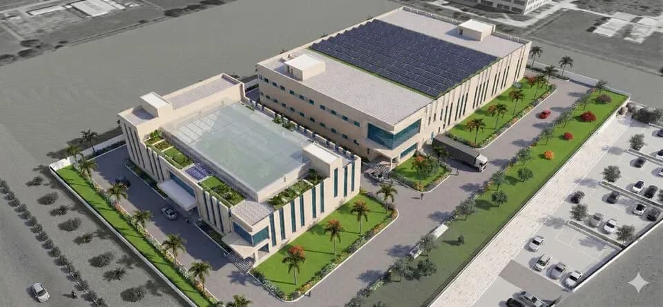 Amogen Pharma Plant 1 facility aerial view — Hyderabad recombinant biosimilar manufacturing